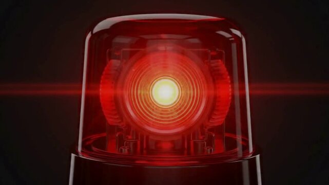 Red siren warning danger light glows brightly, rotating with intense light against a dark ominous background, a clear emergency signal illustration