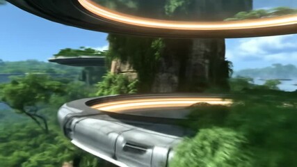 Futuristic cityscape with green canopy platforms suspended above lush landscape