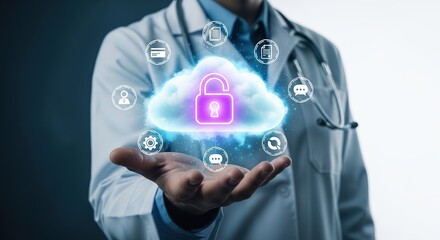 Doctor holding a cloud with an unlocked padlock and surrounding icons, signifying secure healthcare data in the cloud and digital health services