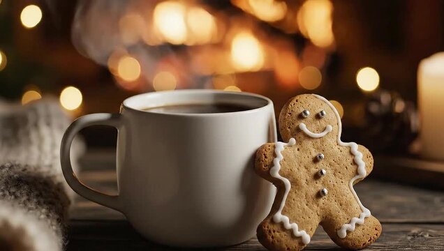 Steaming mug and gingerbread man by fireplace.