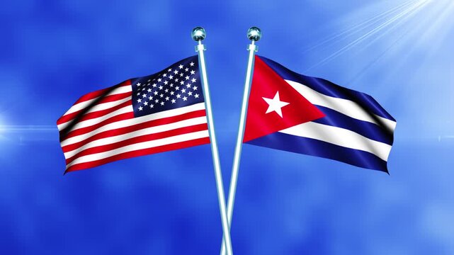 USA and Cuba Flag Waving On Pole Loop