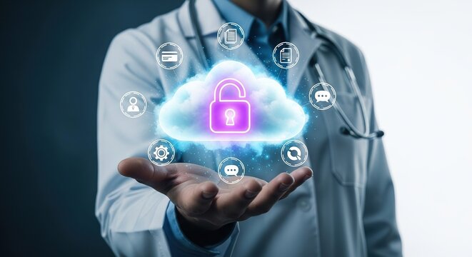 Doctor holding a cloud with an unlocked padlock and surrounding icons, signifying secure healthcare data in the cloud and digital health services