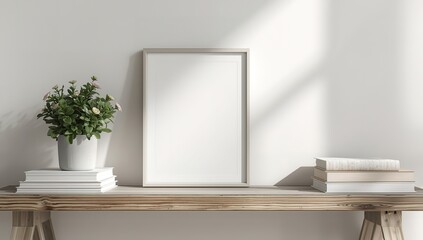 Minimalist interior scene with a crisp blank wooden frame on a natural table, perfect for art display or branding mockups under soft window light