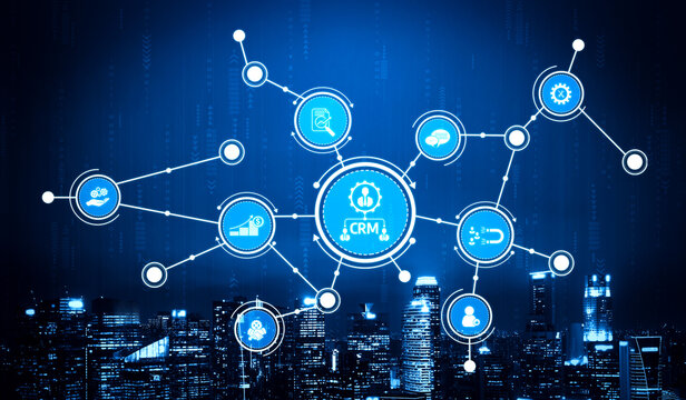 Visual representation of a CRM system showcasing key digital connections and data management strategies, set against an urban skyline backdrop for a modern business theme. Tessel - Powered by Adobe