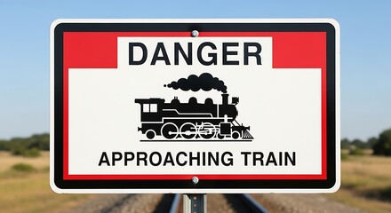 Danger approaching train sign at railroad crossing safety warning for pedestrians and cars