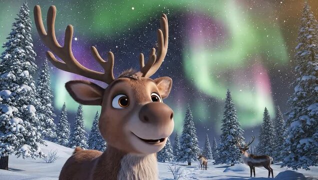 A cartoon reindeer looks up at the colorful aurora borealis in a snowy forest.