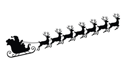 Christmas silhouette of santa riding in a sleigh pulled by eight reindeer in a classic festive scene, perfect for holiday designs, winter artwork, christmas themes and seasonal decoration
