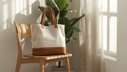 Elegant Canvas Tote Bag on Wooden Chair with Sunny Interior A Blend of Style and Simplicity