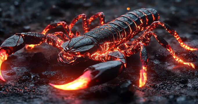 A glowing lava scorpion emerges from rocky terrain, showcasing its fiery claws and texture