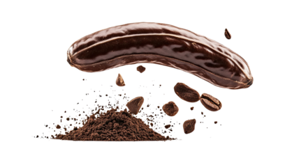 Ground carob powder flying with rich earthy texture and fine particles captured in dynamic motion clearly displayed isolated on white background