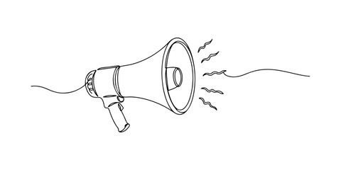 Continuous one line of a megaphone, symbolizing marketing, communication, and influence, hand drawn vector illustration.