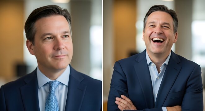 Two professional men in business suits with contrasting facial expressions, one serious and the other smiling, in a modern office environment