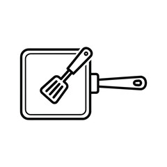 Line art icon of a square frying pan with a spatula inside, representing cooking, kitchenware, and culinary activities.