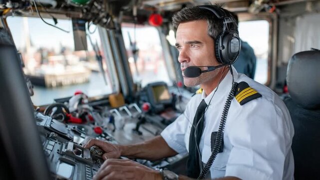Captain at the Helm: A focused captain steers the ship from the control room, his gaze set on the vast horizon, highlighting dedication.