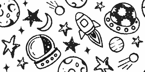 Whimsical hand drawn space pattern featuring rockets planets moons stars and astronaut helmet