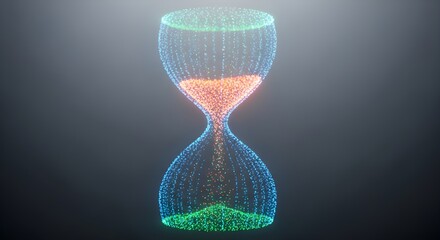 Digital hourglass with glowing particles flowing from top to bottom representing time passing