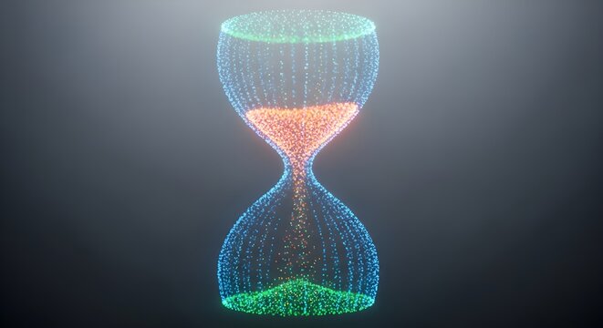 Digital hourglass with glowing particles flowing from top to bottom representing time passing