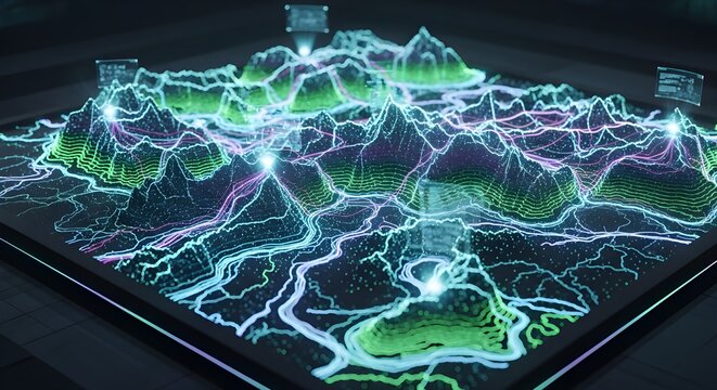 Futuristic city illuminated by glowing neon lights and electrical energy streams in a dark environment