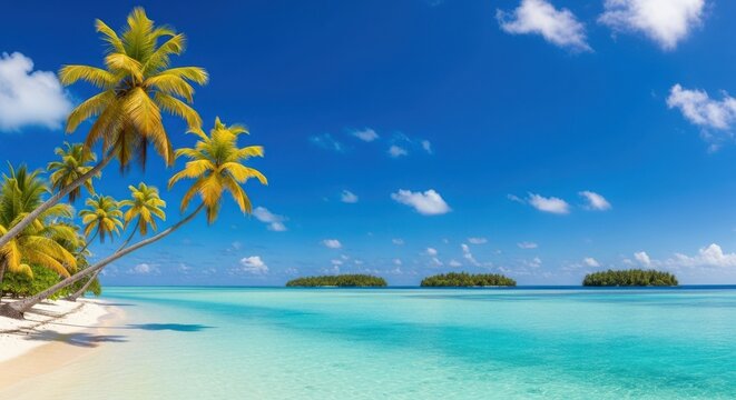 A stunning tropical paradise with palm trees lining a white sand beach and crystal clear turquoise waters under a bright blue sky with scattered clouds