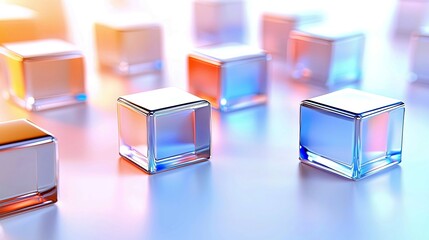 Several transparent cubes are arranged on a reflective surface, illuminated by soft blue and orange light.