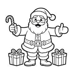 Santa claus holding a candy cane with gift boxes, cute christmas character line art illustration perfect for holiday coloring pages, festive winter designs and seasonal artwork
