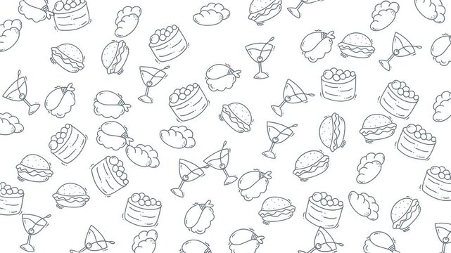 Line art illustrations of various food items such as cake and tacos. Perfect for menus, recipe books, and foodthemed designs.
