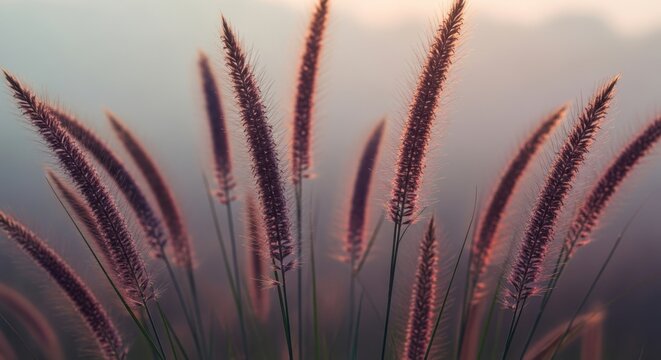 Closeup of feathery grass seed heads illuminated by the soft, warm glow of sunrise or sunset - Powered by Adobe