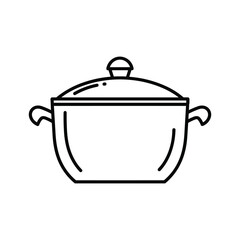 Minimalist line art icon of a cooking pot with lid, handles. perfect for kitchen, food, culinary designs, restaurant menus, recipe blogs, web.