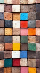 A close-up, abstract arrangement of many small, square wooden blocks in various colors and wood grains.