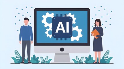 Illustration of people with ai on a monitor surrounded by plants and dots