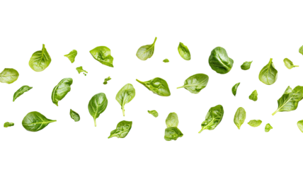 Falling salad leaves with fresh vibrant green textures and assorted natural leafy shapes clearly captured in dynamic motion isolated on white background
