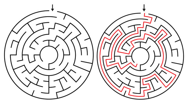 Round Maze Game for Kids and Adults - Easy Circular Maze Game Flat Vector Black and White Outline Illustration.