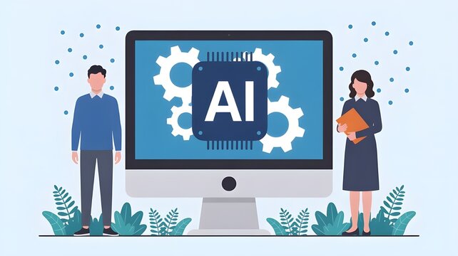 Illustration of people with ai on a monitor surrounded by plants and dots