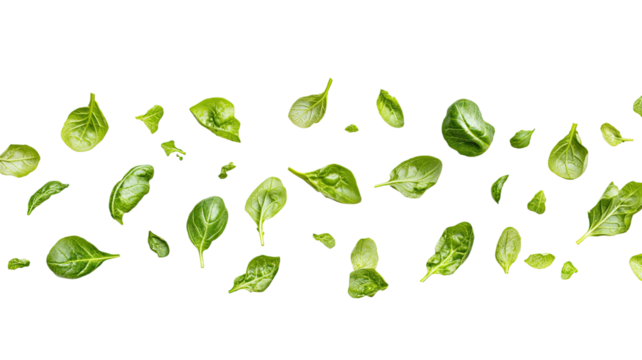 Falling salad leaves with fresh vibrant green textures and assorted natural leafy shapes clearly captured in dynamic motion isolated on white background
