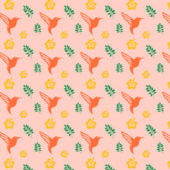 Tropical Pattern with Hummingbirds, Hibiscus, and Leaves on Light Pink Background