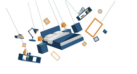 Dynamic flat design illustration of a bedroom's furniture and decor elements, such as a bed, lamps, and frames, deconstructed and suspended.