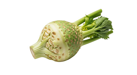 Fresh celeriac with green stems isolated on transparent background, a root vegetable with a subtle celerylike flavor, perfect for healthy cooking