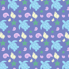 Seamless Pattern of Adorable Cartoon Sea Turtles, Starfish, and Seashells on a Purple Background