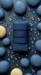 A collection of blue and yellow textured spheres are scattered across a dark surface with clear water droplets, centered by a stack of blue fabric ribbons.