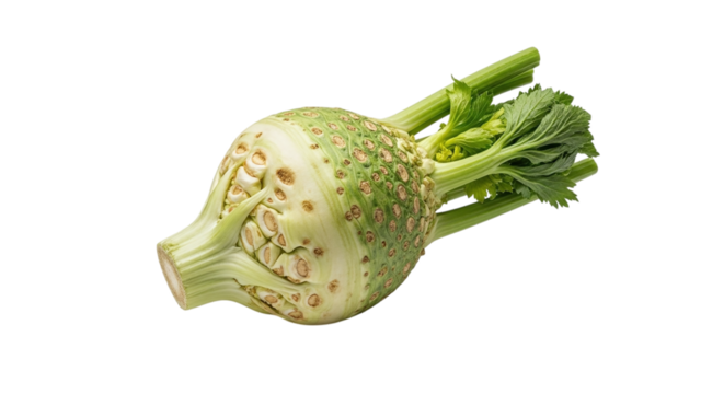 Fresh celeriac with green stems isolated on transparent background, a root vegetable with a subtle celerylike flavor, perfect for healthy cooking