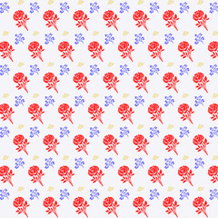 Seamless floral pattern featuring red roses and blue flowers on a white background, perfect for decorative textiles and wallpapers
