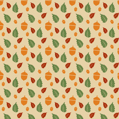 Seamless autumn pattern featuring scattered acorns and a variety of colorful fall leaves in warm earthy tones, perfect for festive seasonal backgrounds, textiles, and decorative designs