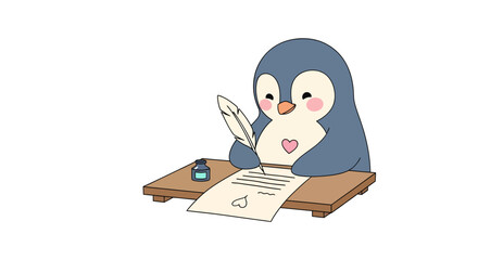 Adorable cartoon penguin meticulously writing a letter with a quill pen and ink, conveying creativity and charm for invitations or educational materials.