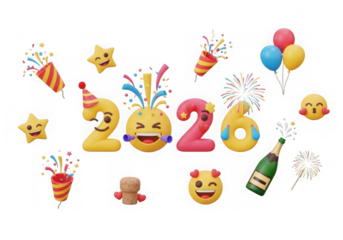 Happy new year 2026 celebration with emojis, isolated on transparent background