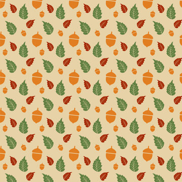 Seamless autumn pattern featuring scattered acorns and a variety of colorful fall leaves in warm earthy tones, perfect for festive seasonal backgrounds, textiles, and decorative designs