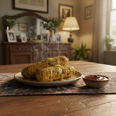 Delicious grilled corn on the cob, richly buttered and steaming, served on a rustic wooden table in a cozy, inviting home setting, perfect for a comforting meal