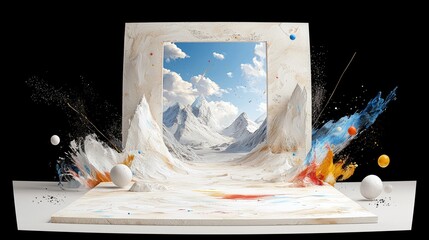 An abstract composition features a frame opening to a snowy mountain vista, surrounded by dynamic paint splatters and spheres.