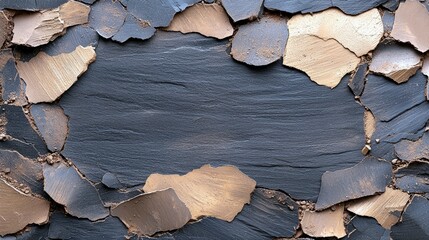 A textured background composed of broken pieces of dark slate and golden rock, with a central area of smooth slate.