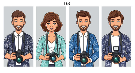 Four diverse individuals, each holding a photographic device, showcasing a variety of styles and expressions.