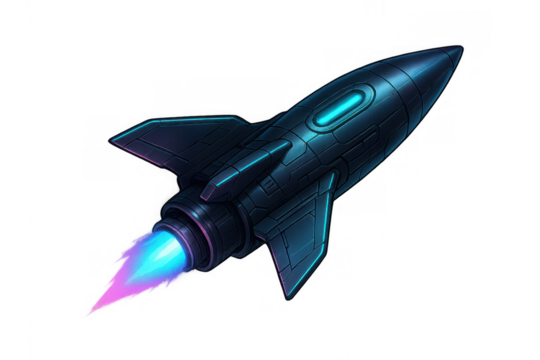 Sci-fi rocket spaceship flying upwards, emitting vibrant neon pink and blue thrust, exploring space technology concept